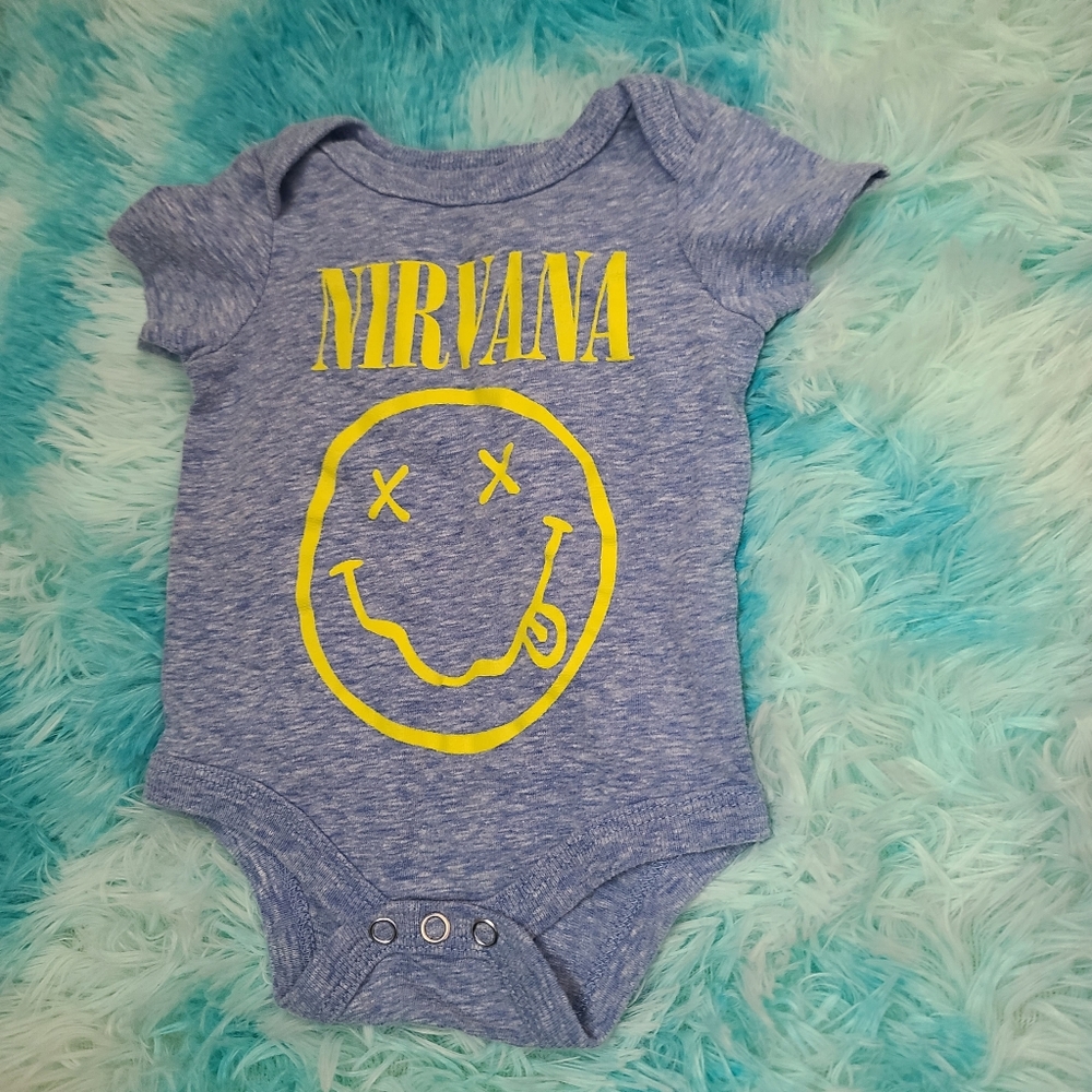 Ligth Blue Nirvana Baby Yellow Smiley One Piece Bodysuit